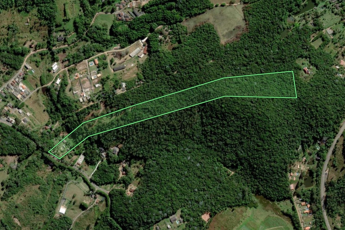 Imagem de satélite do imóvel rural em Mogi das Cruzes (SP), com o contorno declarado no CAR desenhado por cima.
