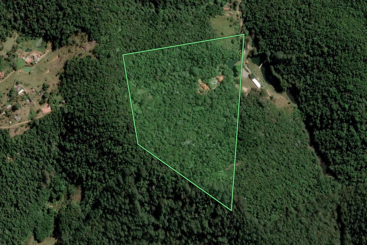 Imagem de satélite do imóvel rural em Mogi das Cruzes (SP), com o contorno declarado no CAR desenhado por cima.