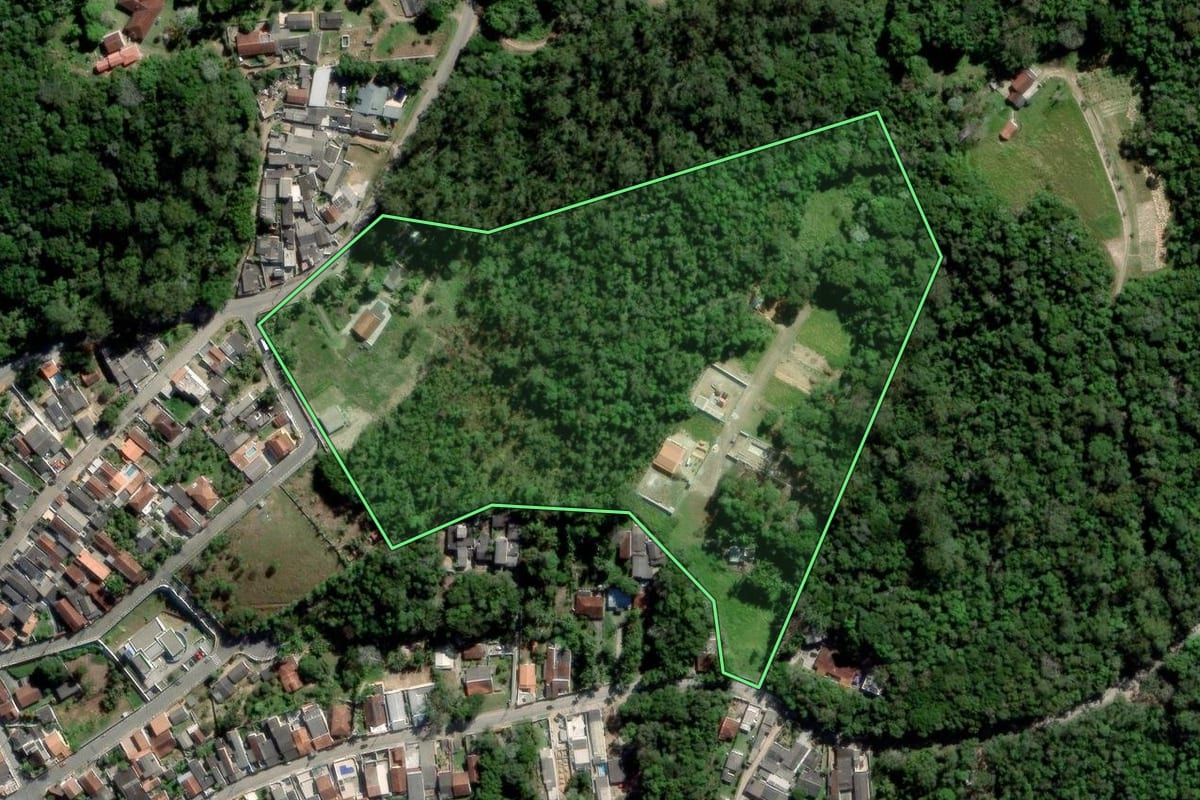 Imagem de satélite do imóvel rural em Mogi das Cruzes (SP), com o contorno declarado no CAR desenhado por cima.