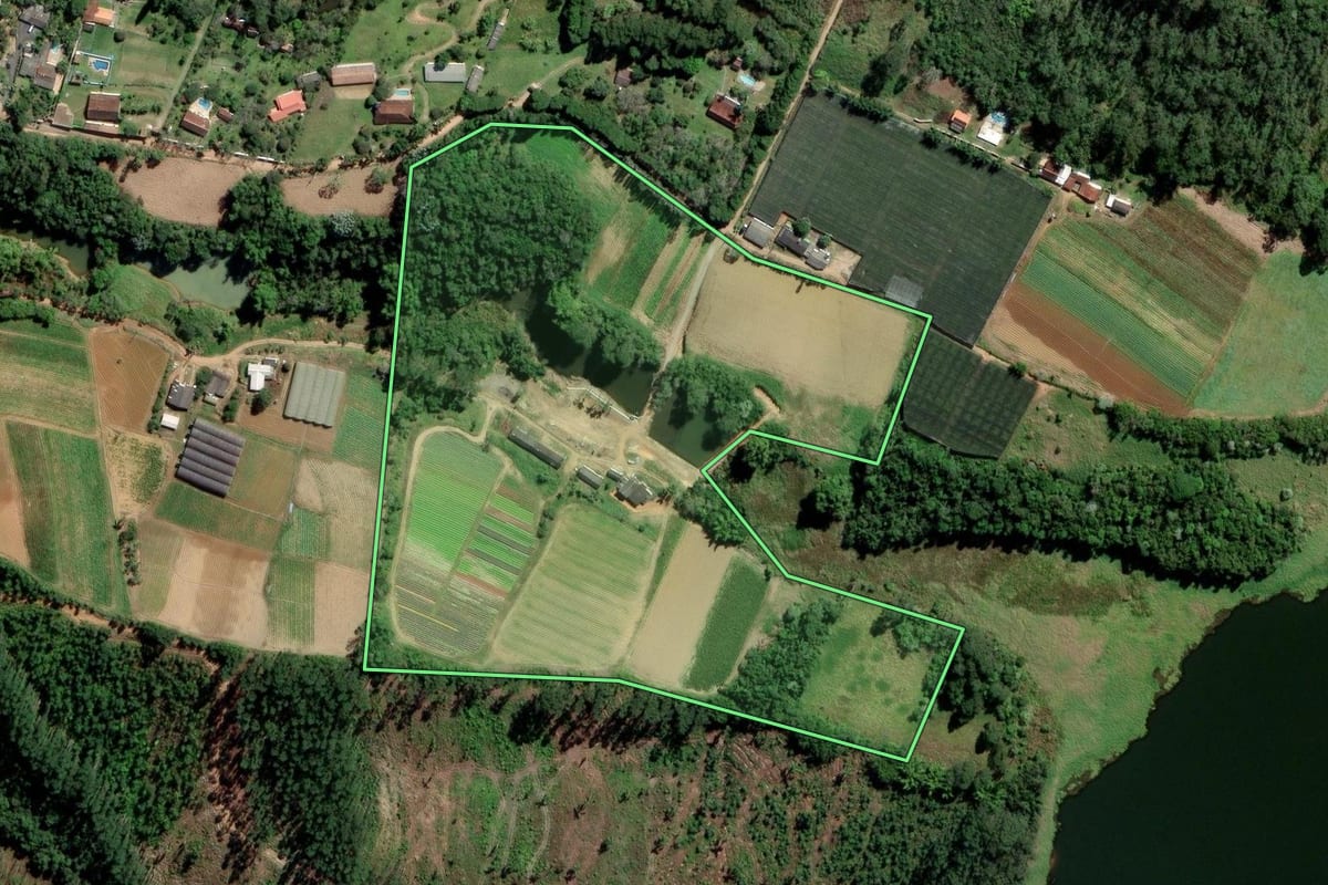 Imagem de satélite do imóvel rural em Mogi das Cruzes (SP), com o contorno declarado no CAR desenhado por cima.