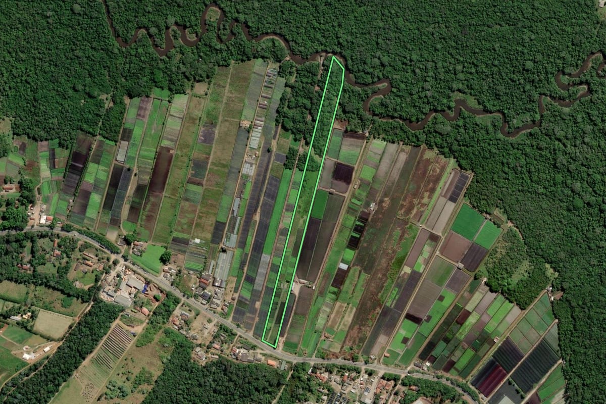 Imagem de satélite do imóvel rural em Mogi das Cruzes (SP), com o contorno declarado no CAR desenhado por cima.