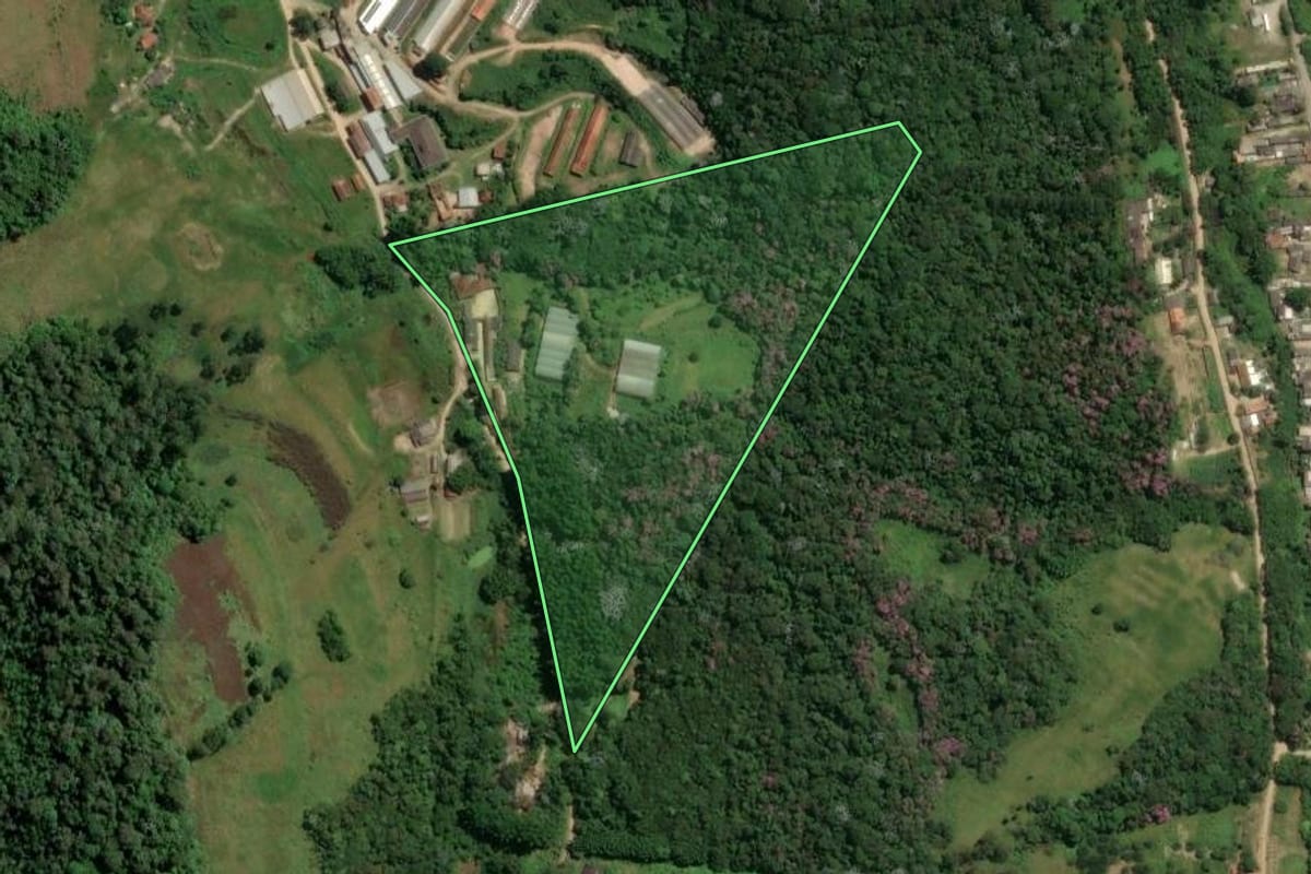 Imagem de satélite do imóvel rural em Mogi das Cruzes (SP), com o contorno declarado no CAR desenhado por cima.