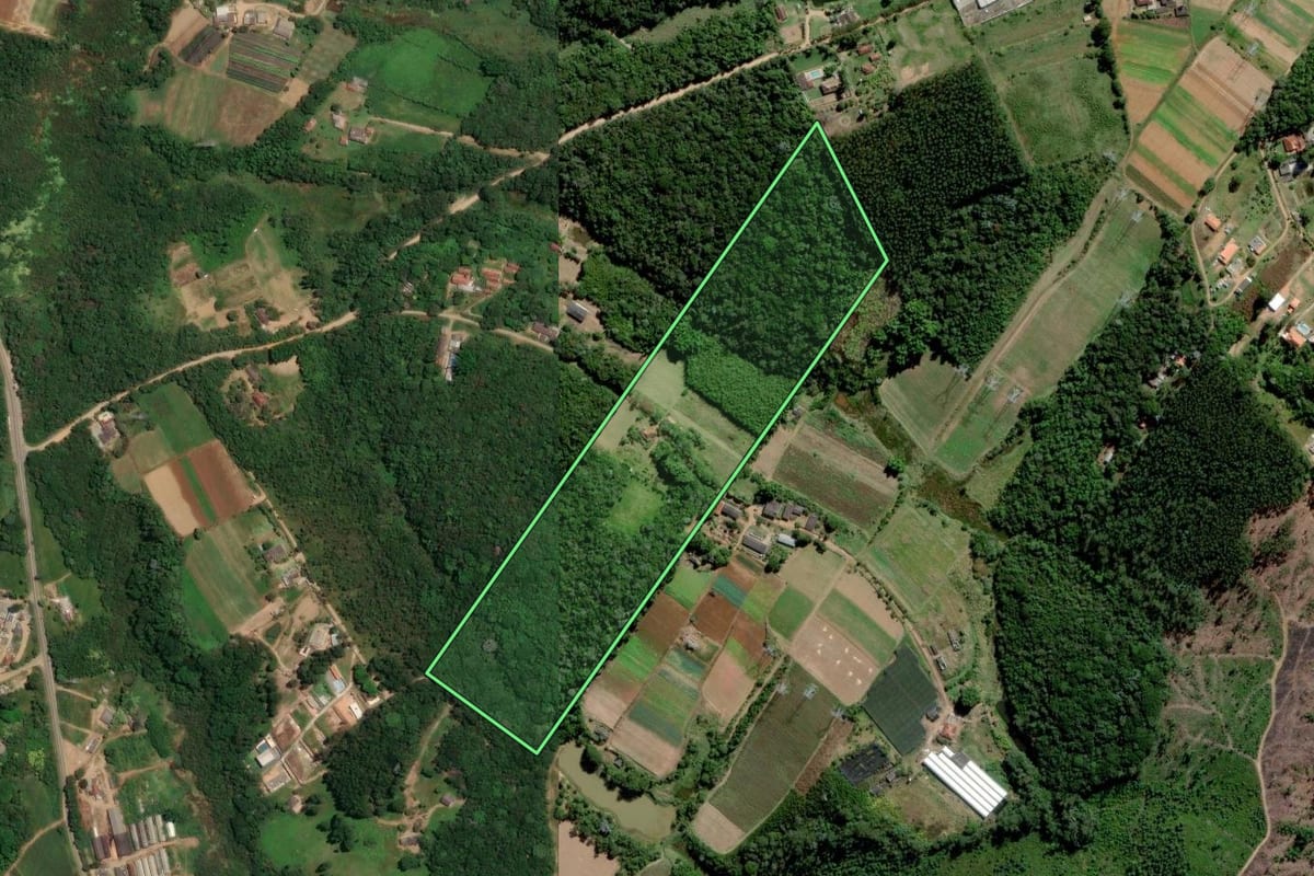 Imagem de satélite do imóvel rural em Mogi das Cruzes (SP), com o contorno declarado no CAR desenhado por cima.