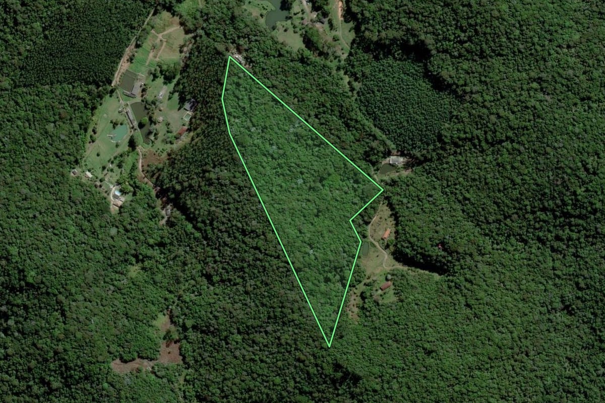 Imagem de satélite do imóvel rural em Mogi das Cruzes (SP), com o contorno declarado no CAR desenhado por cima.
