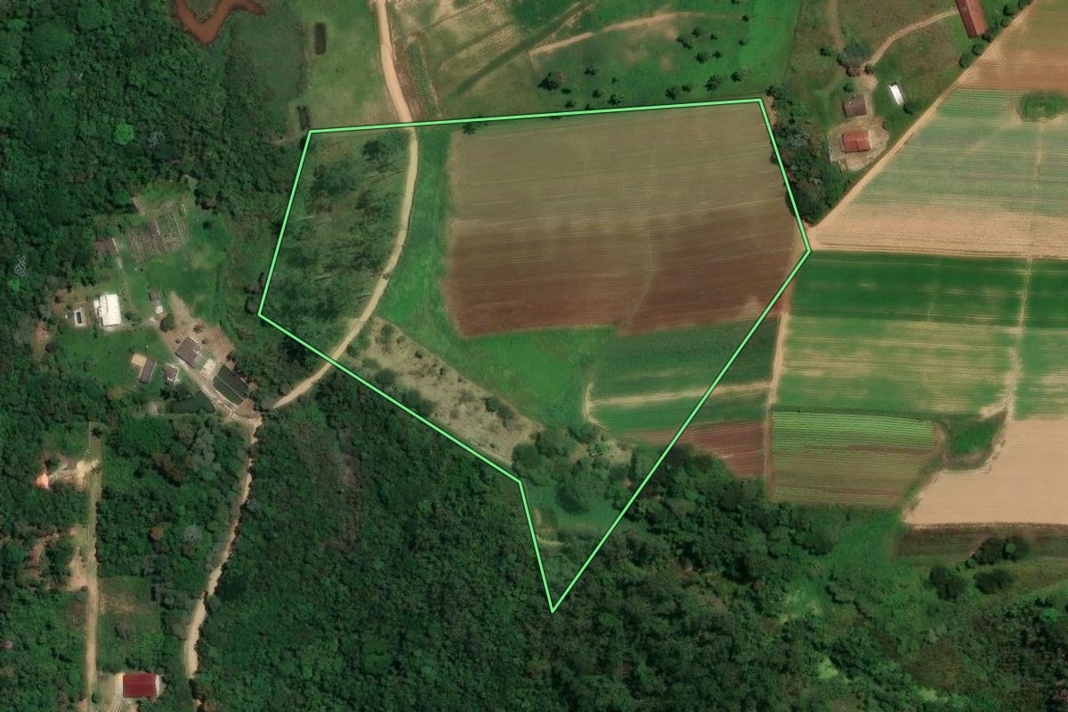 Imagem de satélite do imóvel rural em Mogi das Cruzes (SP), com o contorno declarado no CAR desenhado por cima.