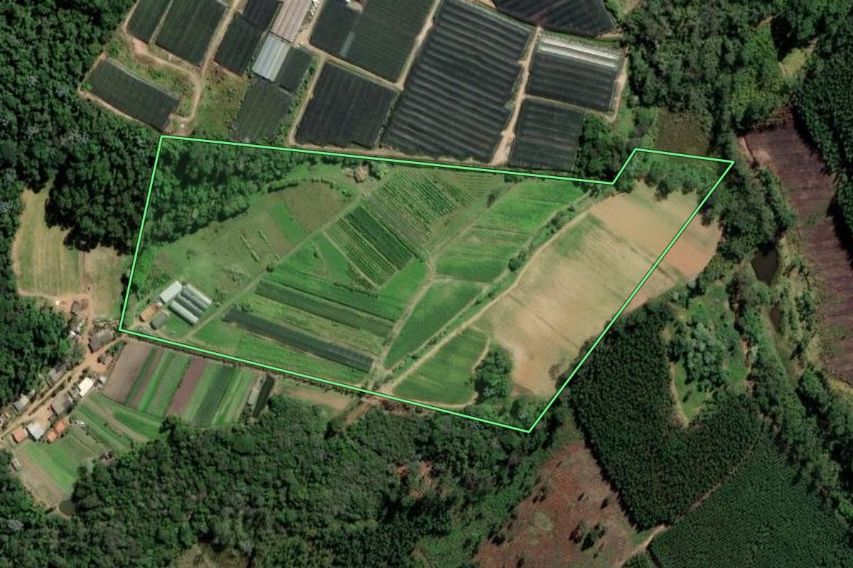 Imagem de satélite do imóvel rural em Mogi das Cruzes (SP), com o contorno declarado no CAR desenhado por cima.