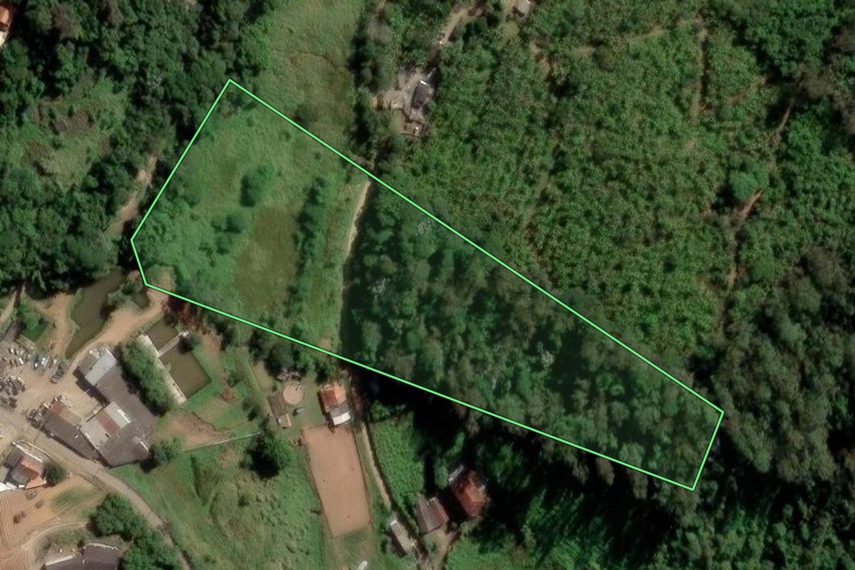 Imagem de satélite do imóvel rural em Mogi das Cruzes (SP), com o contorno declarado no CAR desenhado por cima.