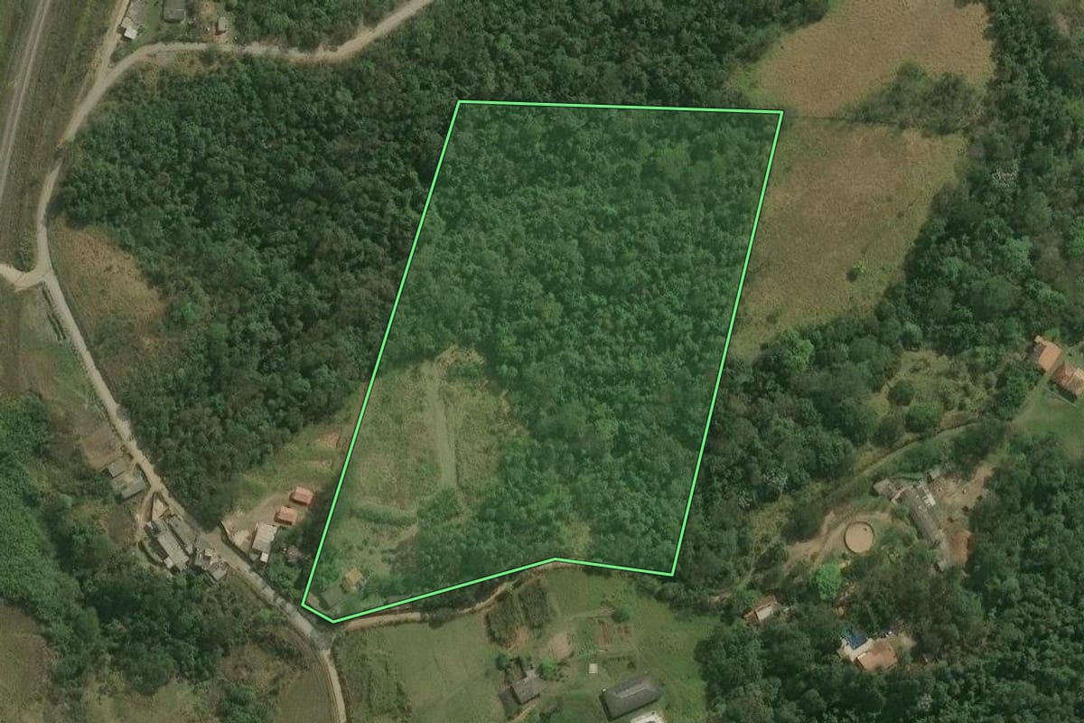 Imagem de satélite do imóvel rural em Mogi das Cruzes (SP), com o contorno declarado no CAR desenhado por cima.