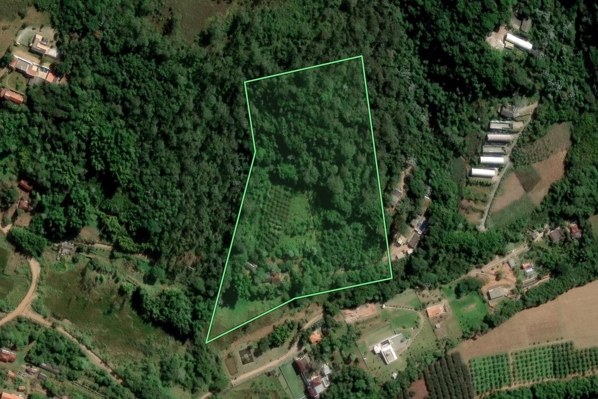 Imagem de satélite do imóvel rural em Mogi das Cruzes (SP), com o contorno declarado no CAR desenhado por cima.