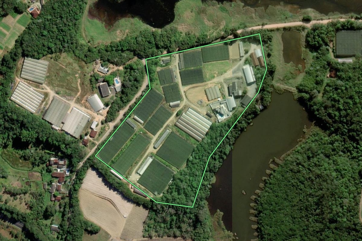 Imagem de satélite do imóvel rural em Mogi das Cruzes (SP), com o contorno declarado no CAR desenhado por cima.