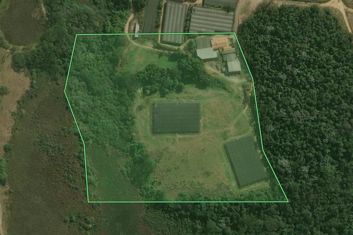 Imagem de satélite do imóvel rural em Mogi das Cruzes (SP), com o contorno declarado no CAR desenhado por cima.