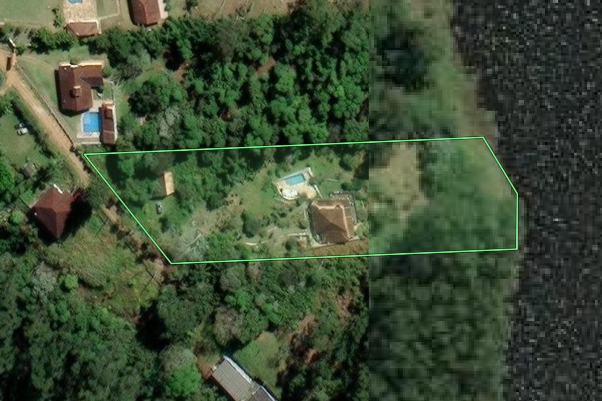 Imagem de satélite do imóvel rural em Mogi das Cruzes (SP), com o contorno declarado no CAR desenhado por cima.
