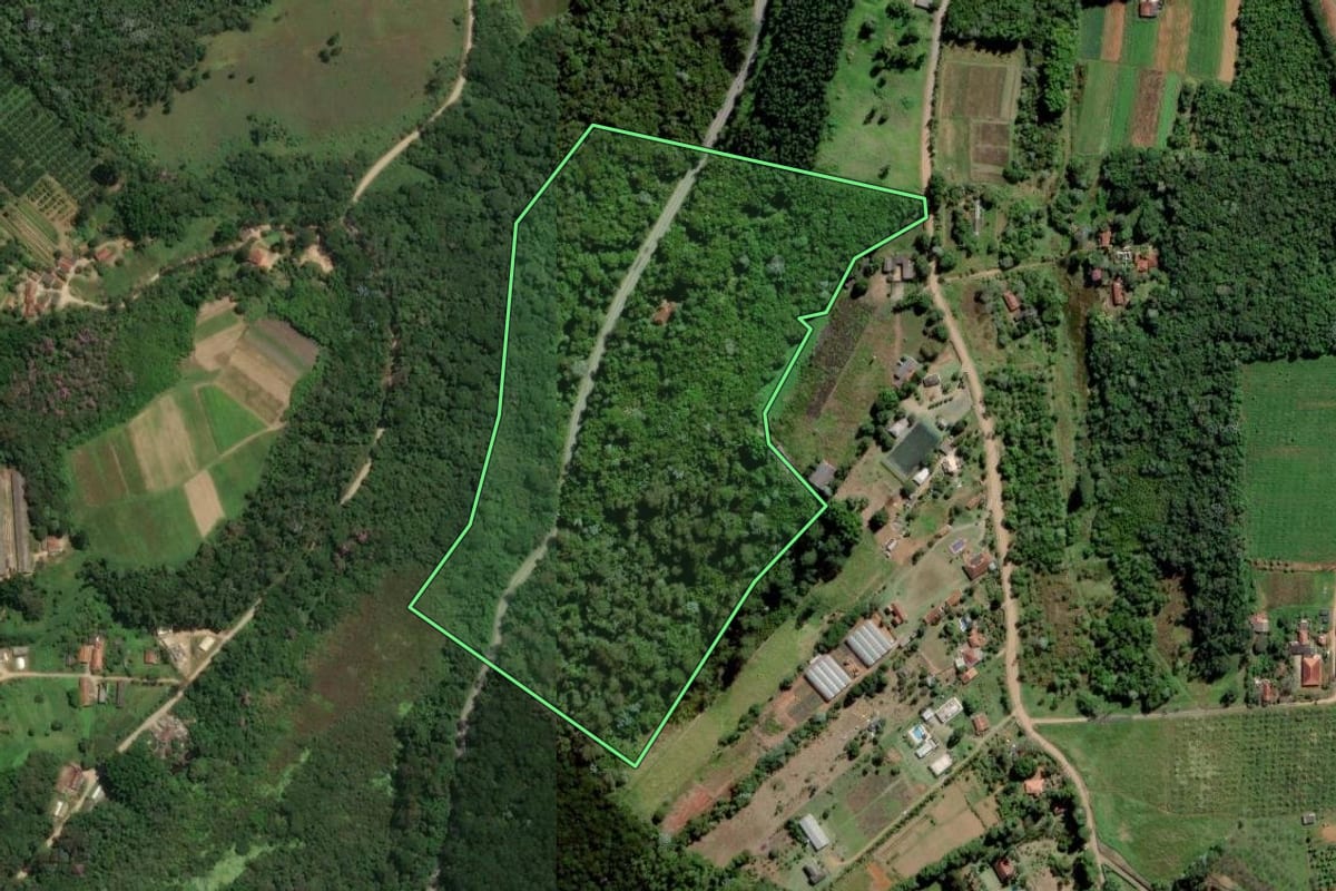 Imagem de satélite do imóvel rural em Mogi das Cruzes (SP), com o contorno declarado no CAR desenhado por cima.