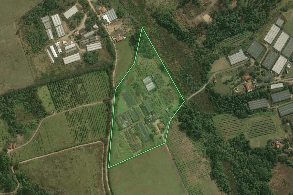 Imagem de satélite do imóvel rural em Mogi das Cruzes (SP), com o contorno declarado no CAR desenhado por cima.