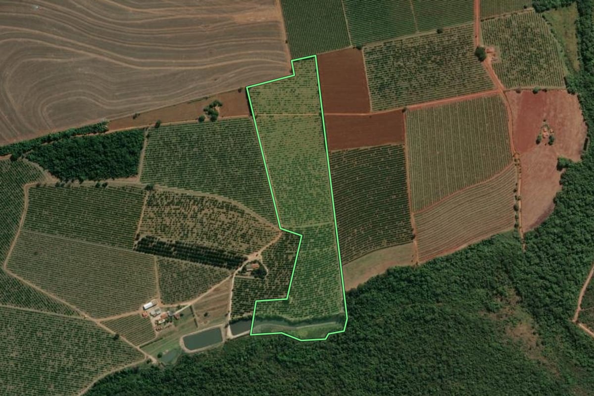 Imagem de satélite do imóvel rural em Mogi Guaçu (SP), com o contorno declarado no CAR desenhado por cima.