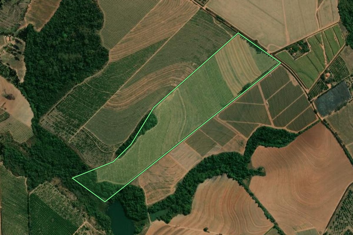 Imagem de satélite do imóvel rural em Mogi Guaçu (SP), com o contorno declarado no CAR desenhado por cima.