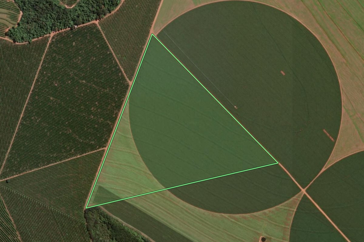 Imagem de satélite do imóvel rural em Mogi Guaçu (SP), com o contorno declarado no CAR desenhado por cima.