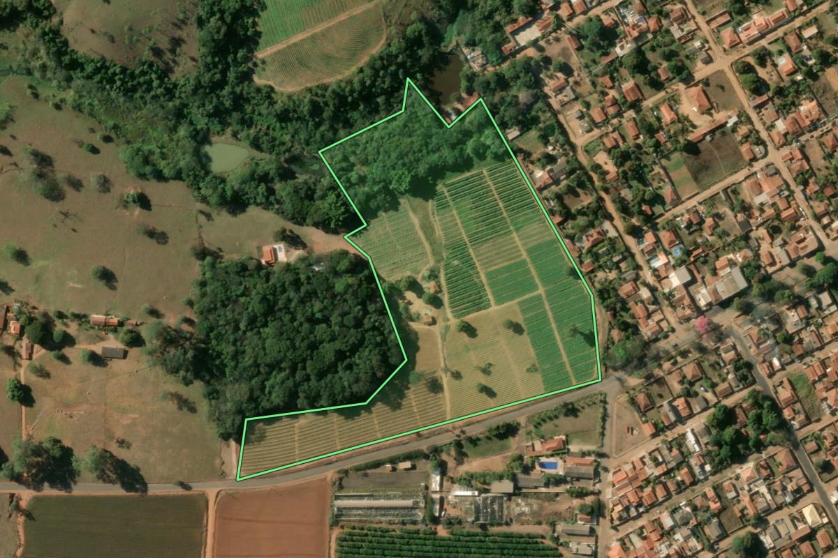 Imagem de satélite do imóvel rural em Mogi Guaçu (SP), com o contorno declarado no CAR desenhado por cima.