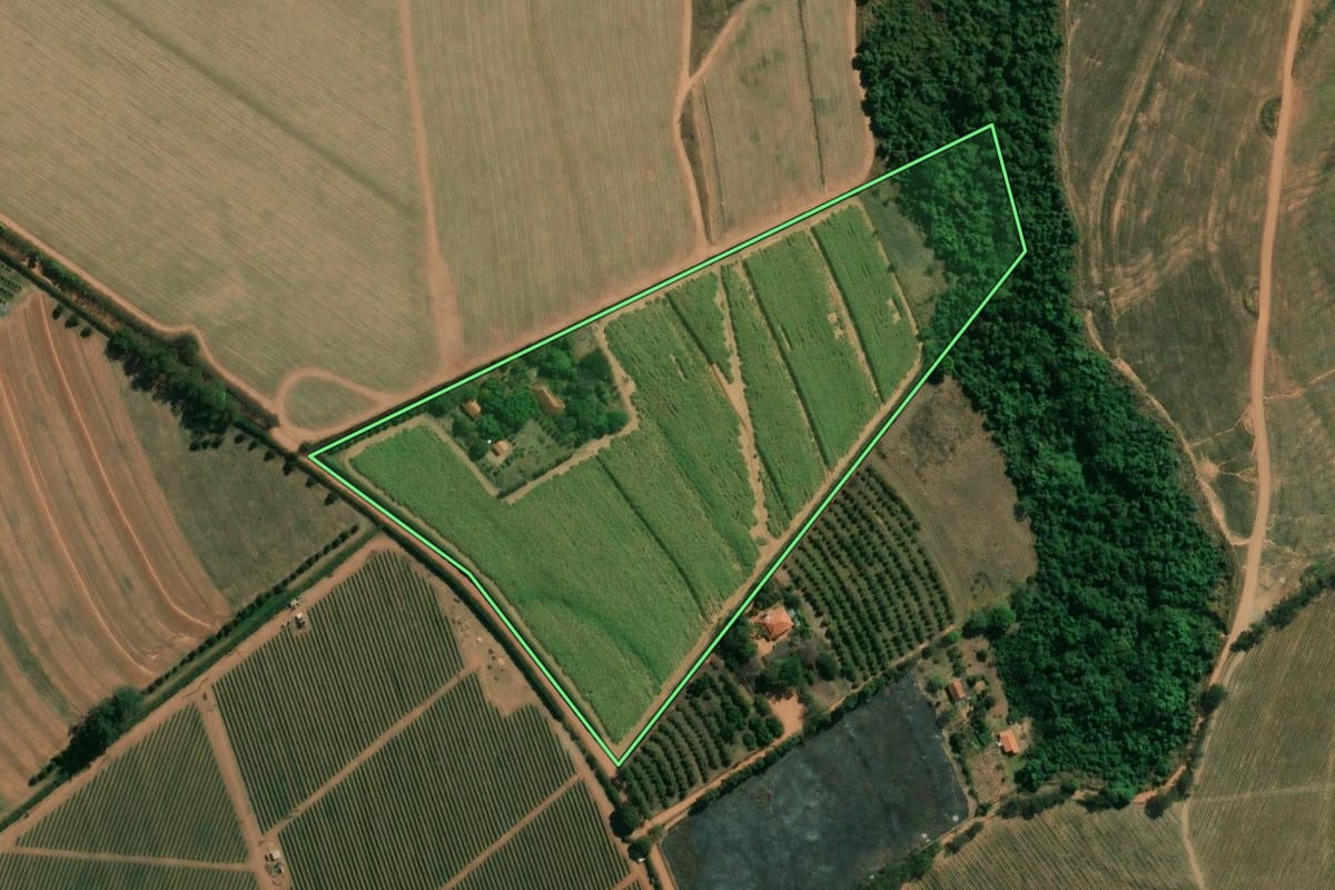 Imagem de satélite do imóvel rural em Mogi Guaçu (SP), com o contorno declarado no CAR desenhado por cima.