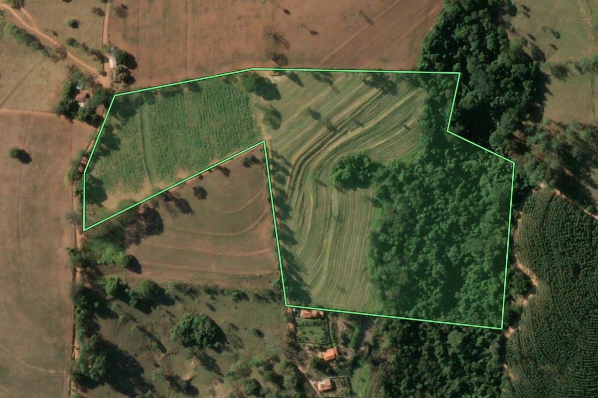 Imagem de satélite do imóvel rural em Mogi Guaçu (SP), com o contorno declarado no CAR desenhado por cima.