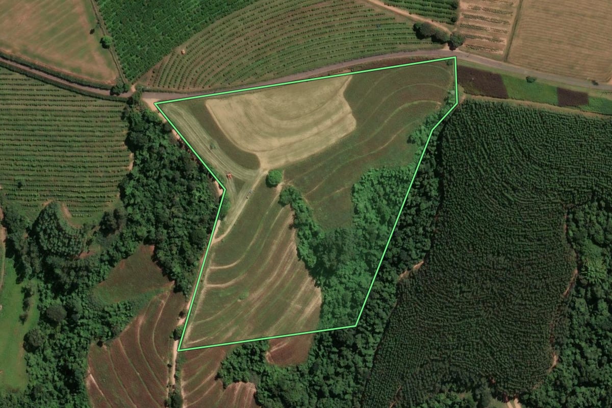 Imagem de satélite do imóvel rural em Mogi Guaçu (SP), com o contorno declarado no CAR desenhado por cima.