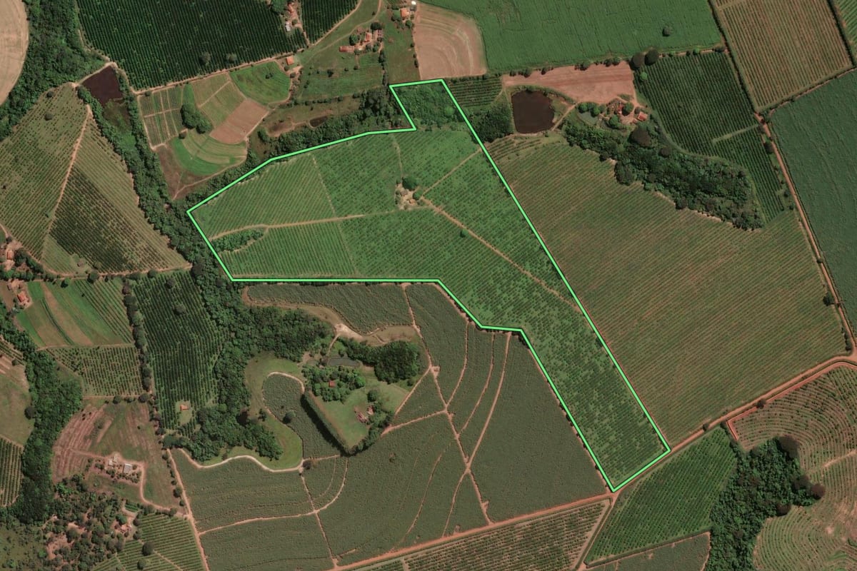 Imagem de satélite do imóvel rural em Mogi Guaçu (SP), com o contorno declarado no CAR desenhado por cima.
