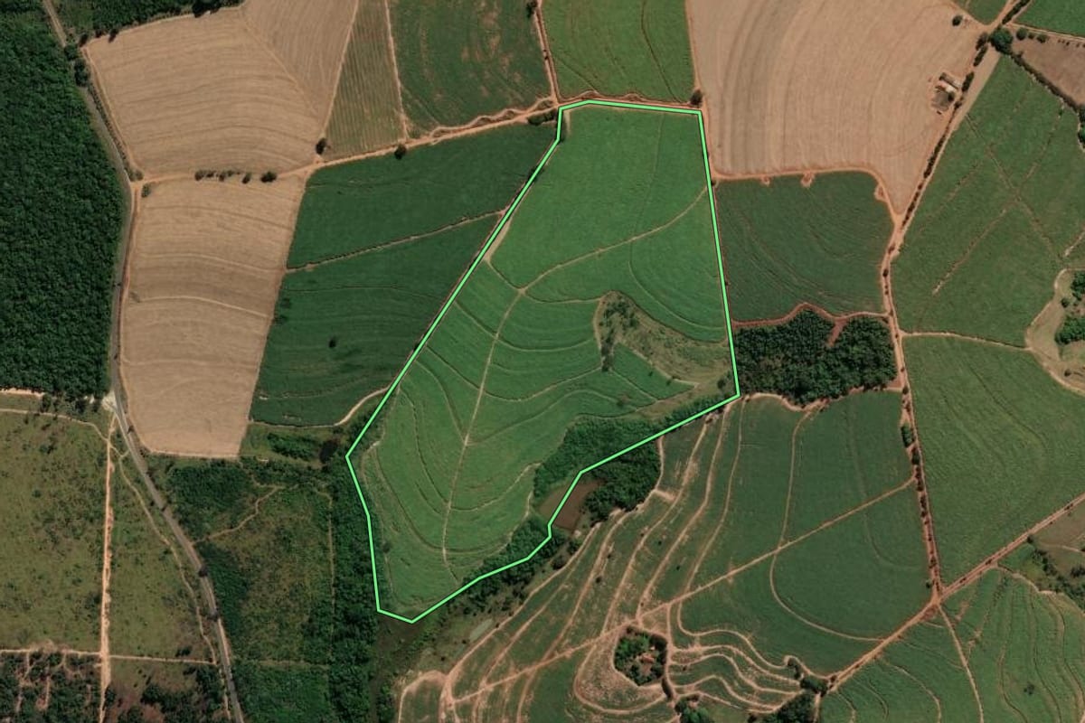 Imagem de satélite do imóvel rural em Mogi Guaçu (SP), com o contorno declarado no CAR desenhado por cima.