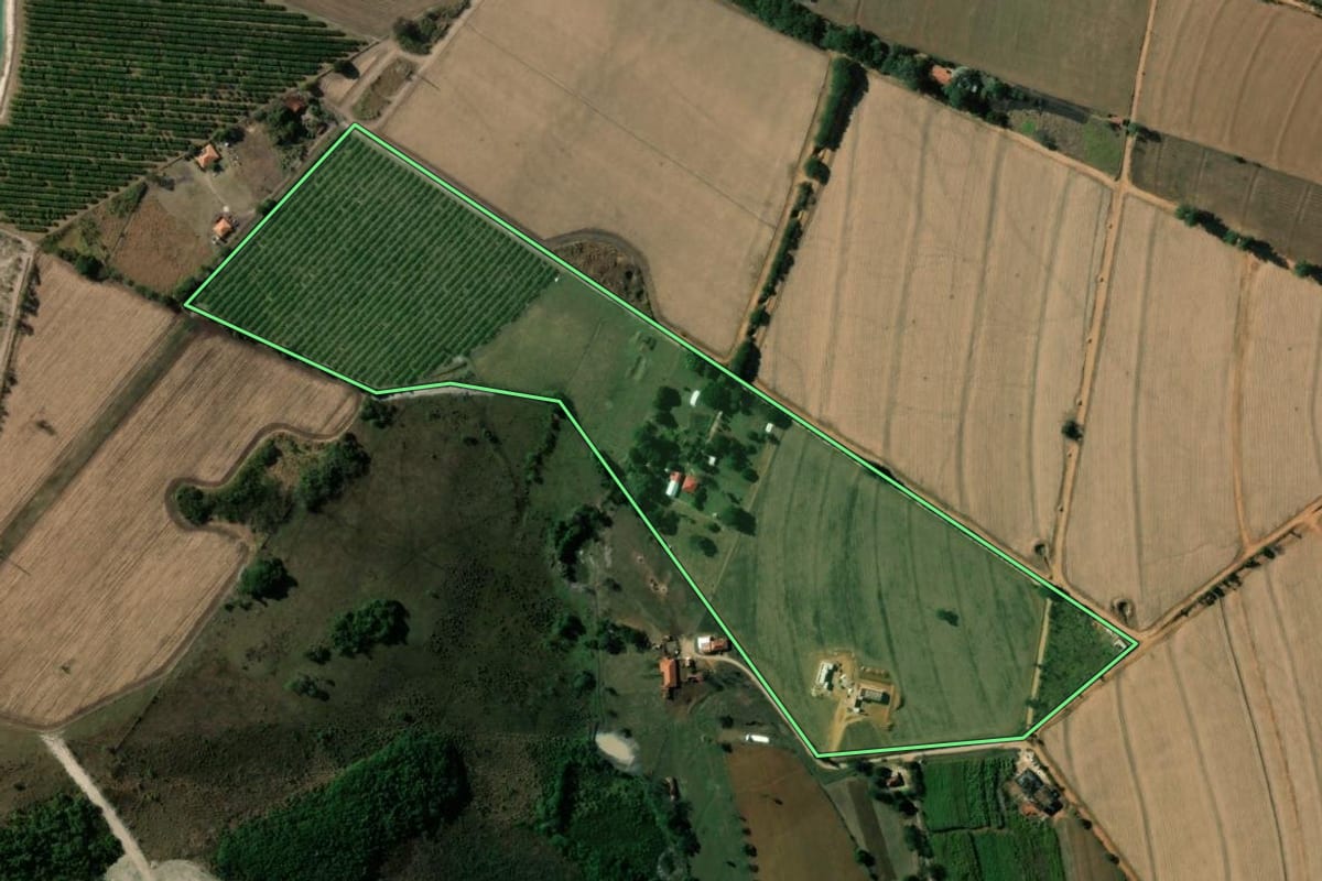 Imagem de satélite do imóvel rural em Mogi Guaçu (SP), com o contorno declarado no CAR desenhado por cima.