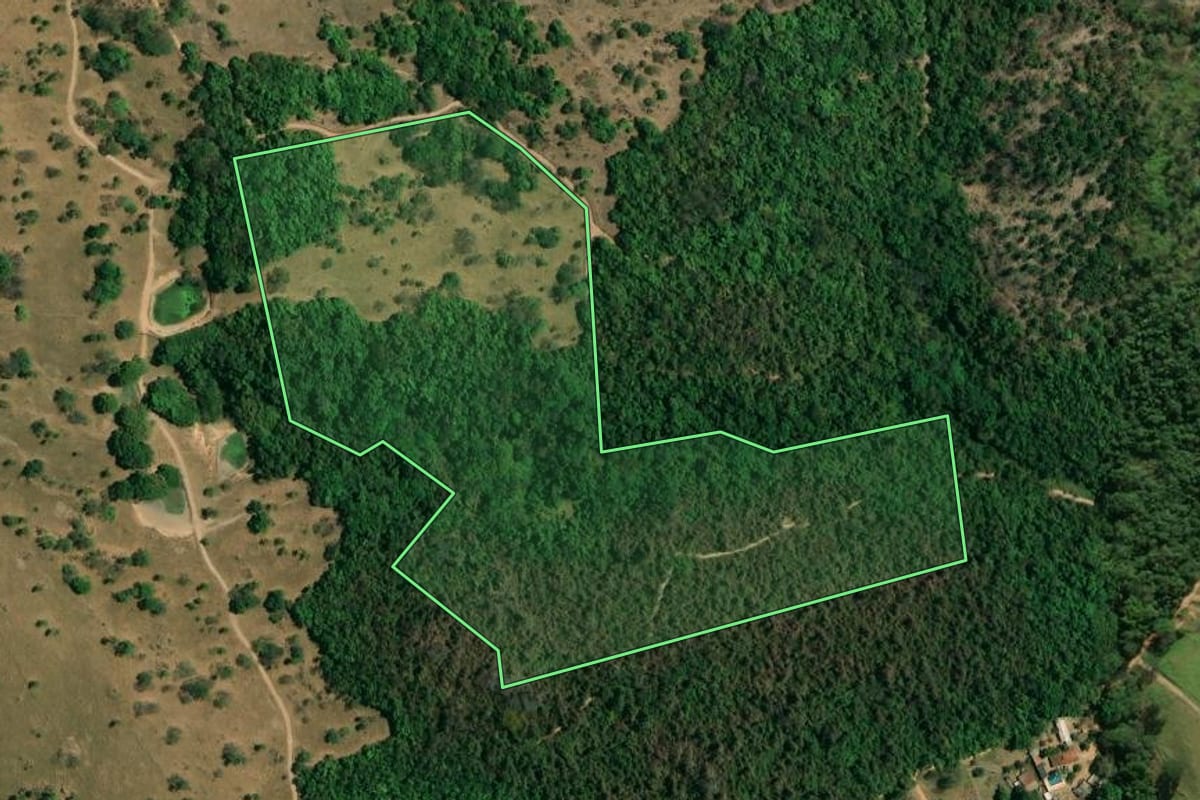 Imagem de satélite do imóvel rural em Mogi Guaçu (SP), com o contorno declarado no CAR desenhado por cima.