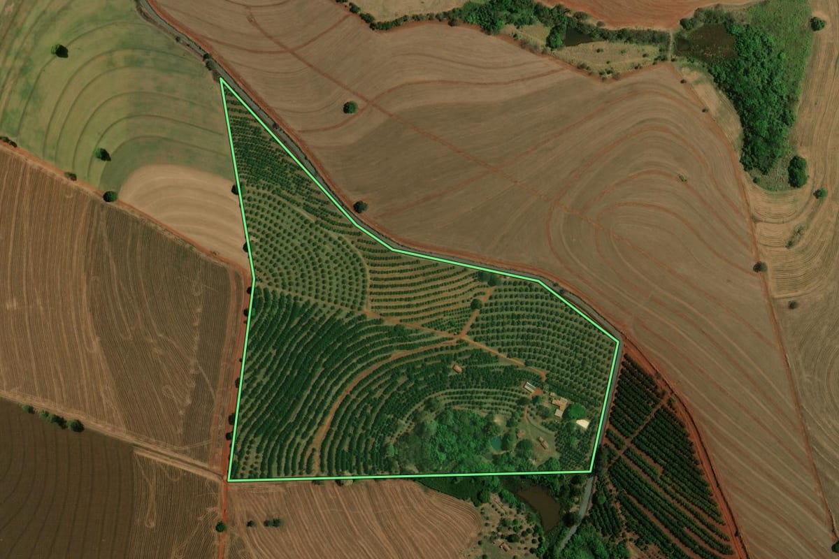 Imagem de satélite do imóvel rural em Mogi Mirim (SP), com o contorno declarado no CAR desenhado por cima.