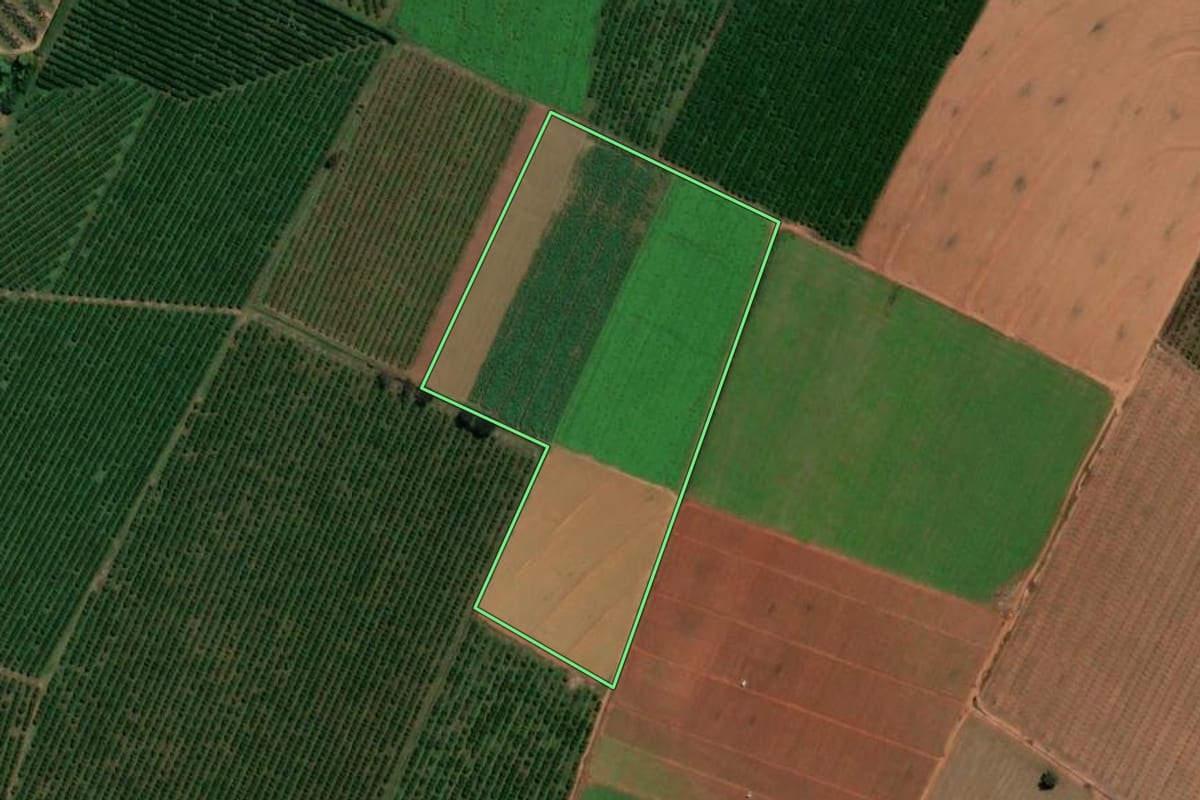 Imagem de satélite do imóvel rural em Mogi Mirim (SP), com o contorno declarado no CAR desenhado por cima.