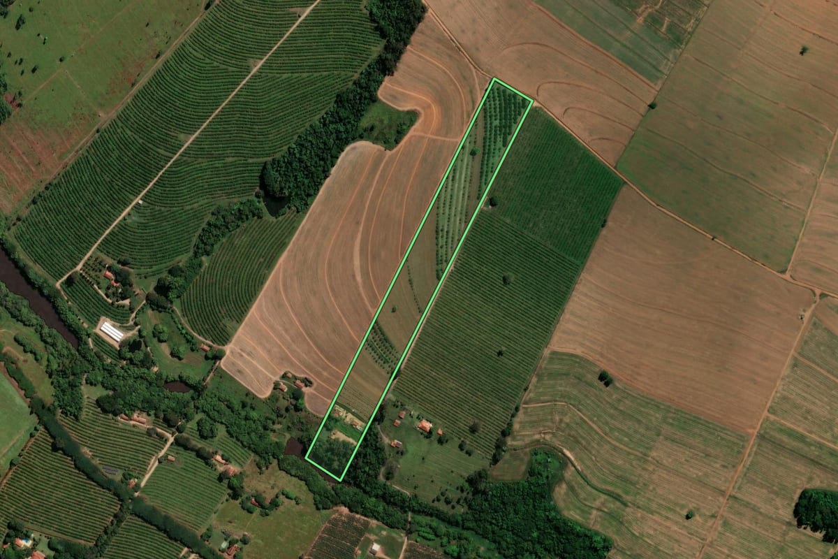 Imagem de satélite do imóvel rural em Mogi Mirim (SP), com o contorno declarado no CAR desenhado por cima.