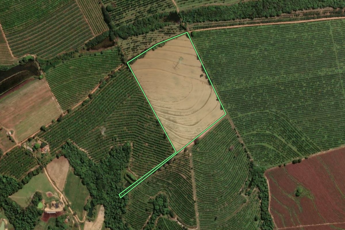 Imagem de satélite do imóvel rural em Mogi Mirim (SP), com o contorno declarado no CAR desenhado por cima.