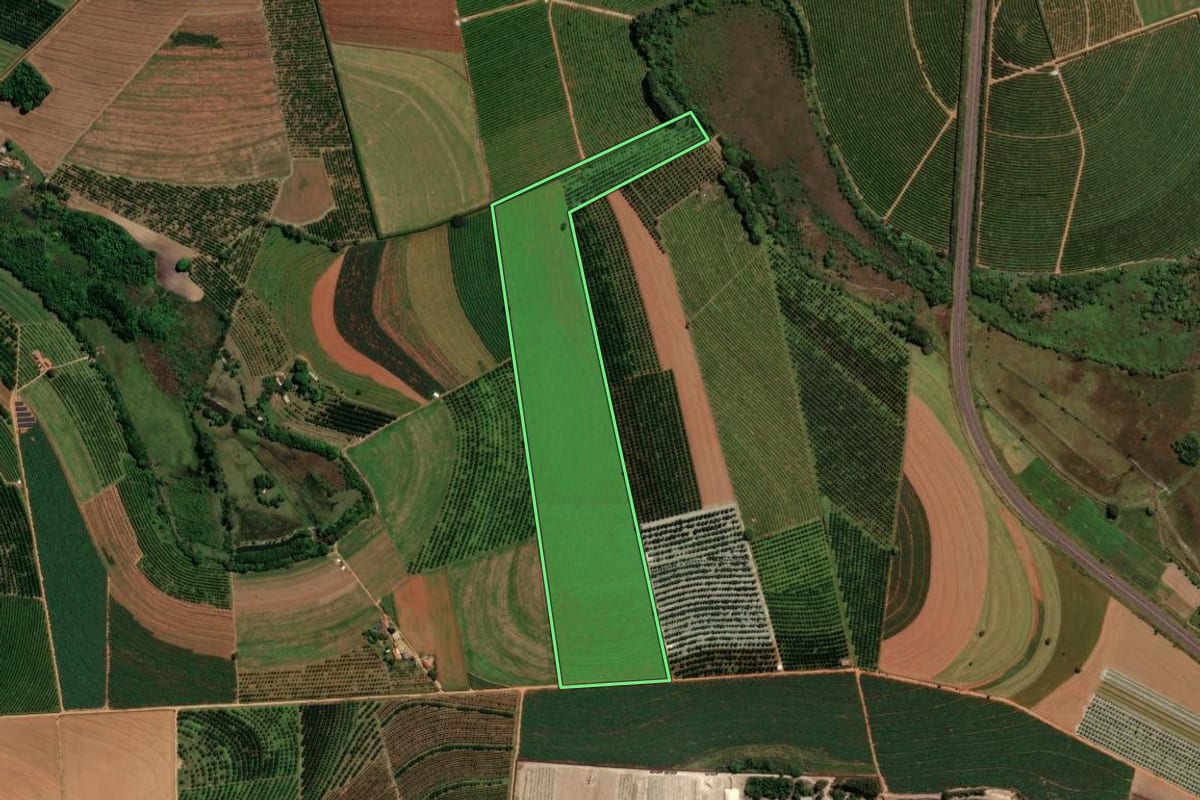 Imagem de satélite do imóvel rural em Mogi Mirim (SP), com o contorno declarado no CAR desenhado por cima.