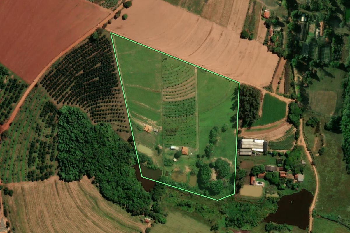 Imagem de satélite do imóvel rural em Mogi Mirim (SP), com o contorno declarado no CAR desenhado por cima.