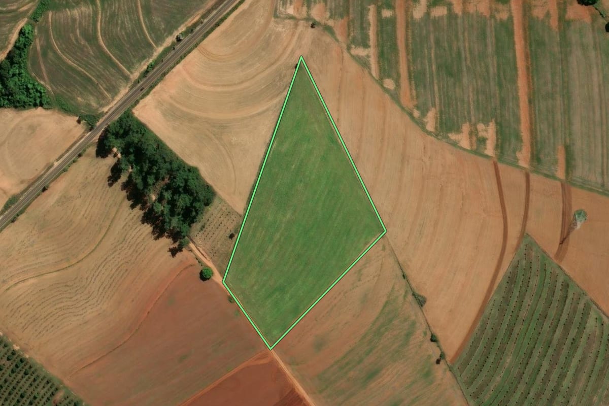 Imagem de satélite do imóvel rural em Mogi Mirim (SP), com o contorno declarado no CAR desenhado por cima.
