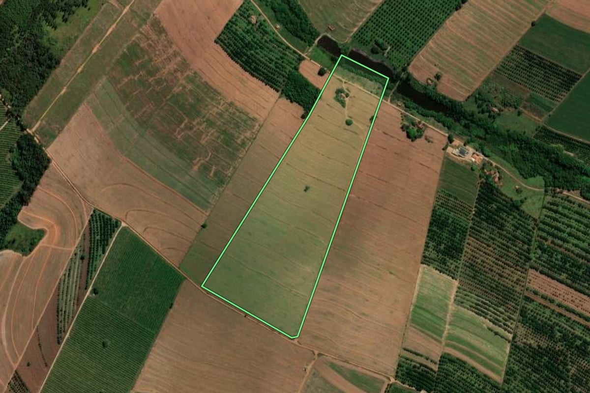 Imagem de satélite do imóvel rural em Mogi Mirim (SP), com o contorno declarado no CAR desenhado por cima.