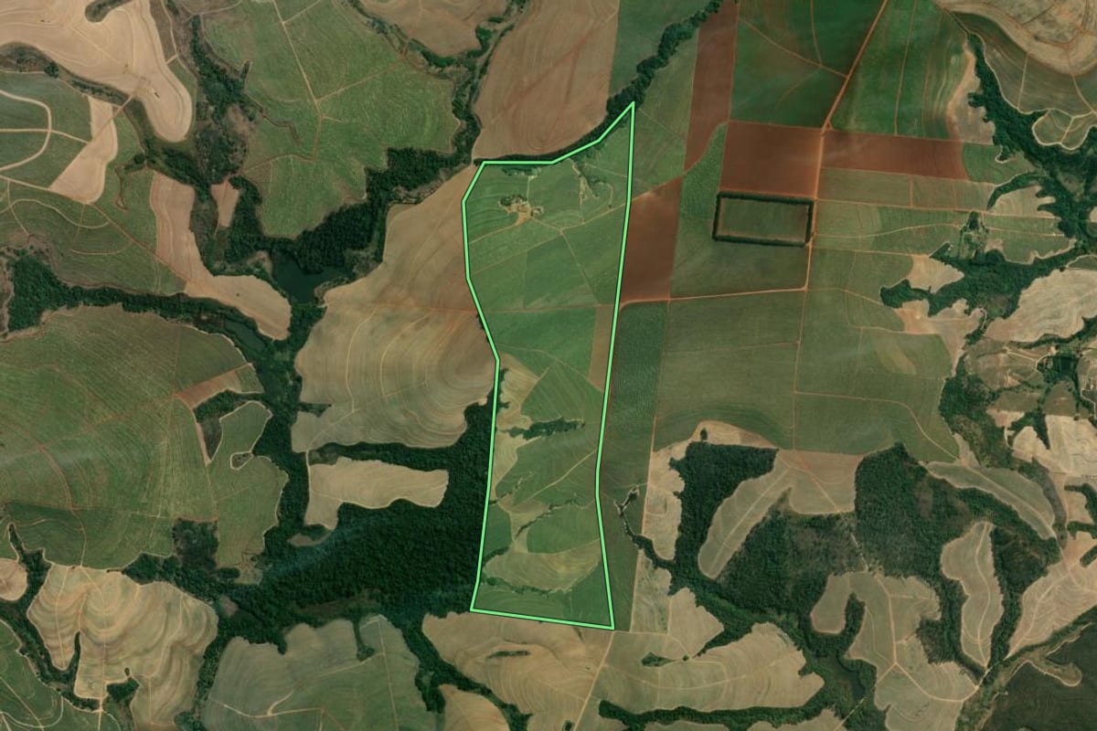 Imagem de satélite do imóvel rural em Mombuca (SP), com o contorno declarado no CAR desenhado por cima.