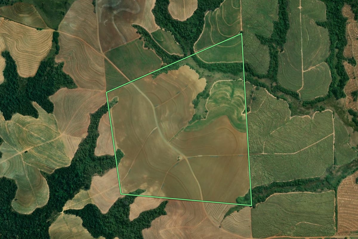 Imagem de satélite do imóvel rural em Mombuca (SP), com o contorno declarado no CAR desenhado por cima.