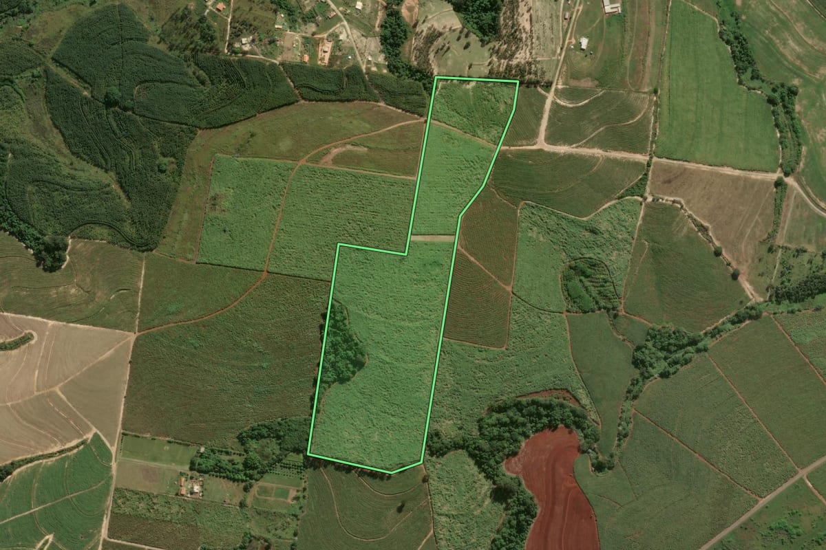 Imagem de satélite do imóvel rural em Mombuca (SP), com o contorno declarado no CAR desenhado por cima.
