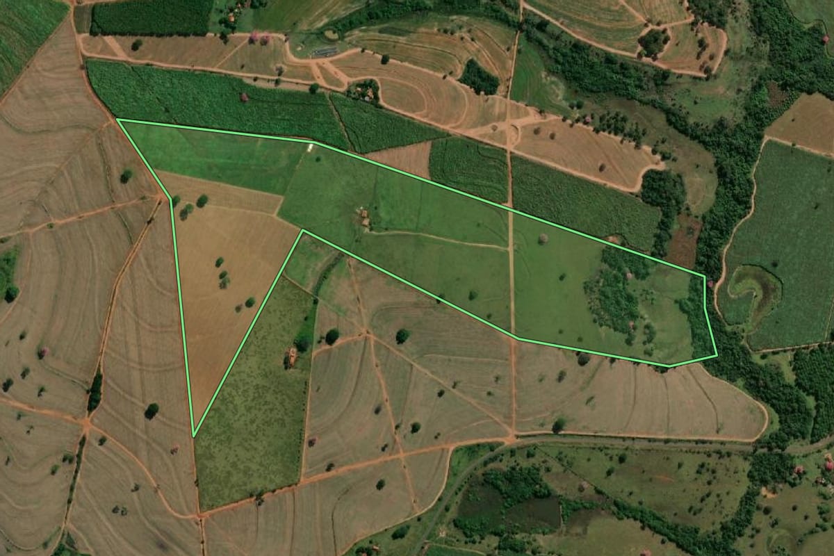 Imagem de satélite do imóvel rural em Monções (SP), com o contorno declarado no CAR desenhado por cima.