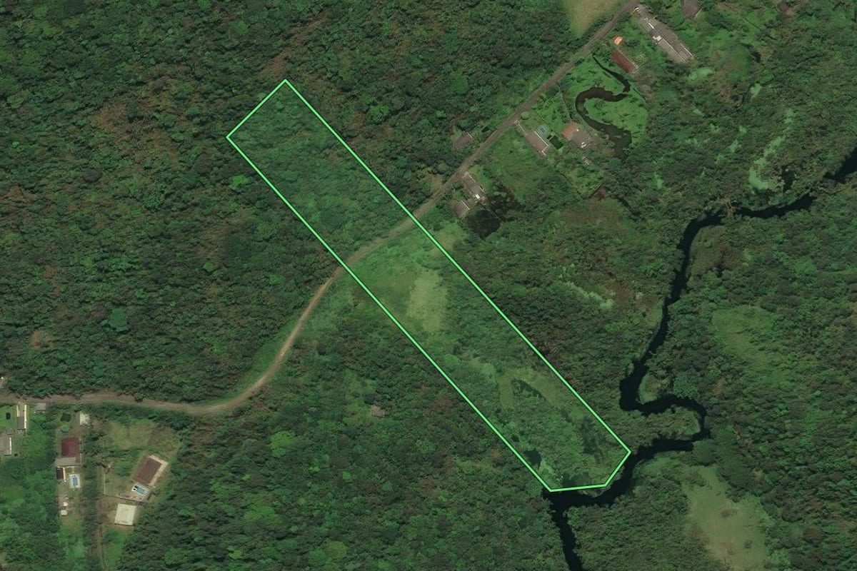 Imagem de satélite do imóvel rural em Mongaguá (SP), com o contorno declarado no CAR desenhado por cima.