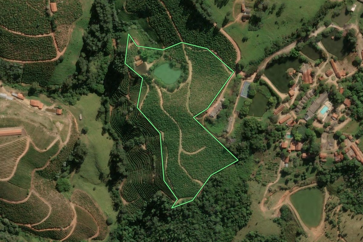 Imagem de satélite do imóvel rural em Monte Alegre do Sul (SP), com o contorno declarado no CAR desenhado por cima.