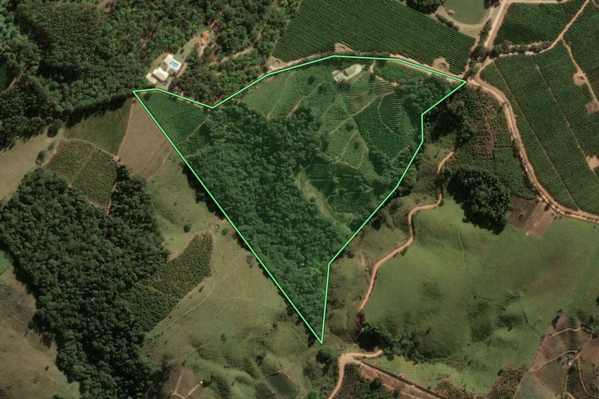Imagem de satélite do imóvel rural em Monte Alegre do Sul (SP), com o contorno declarado no CAR desenhado por cima.