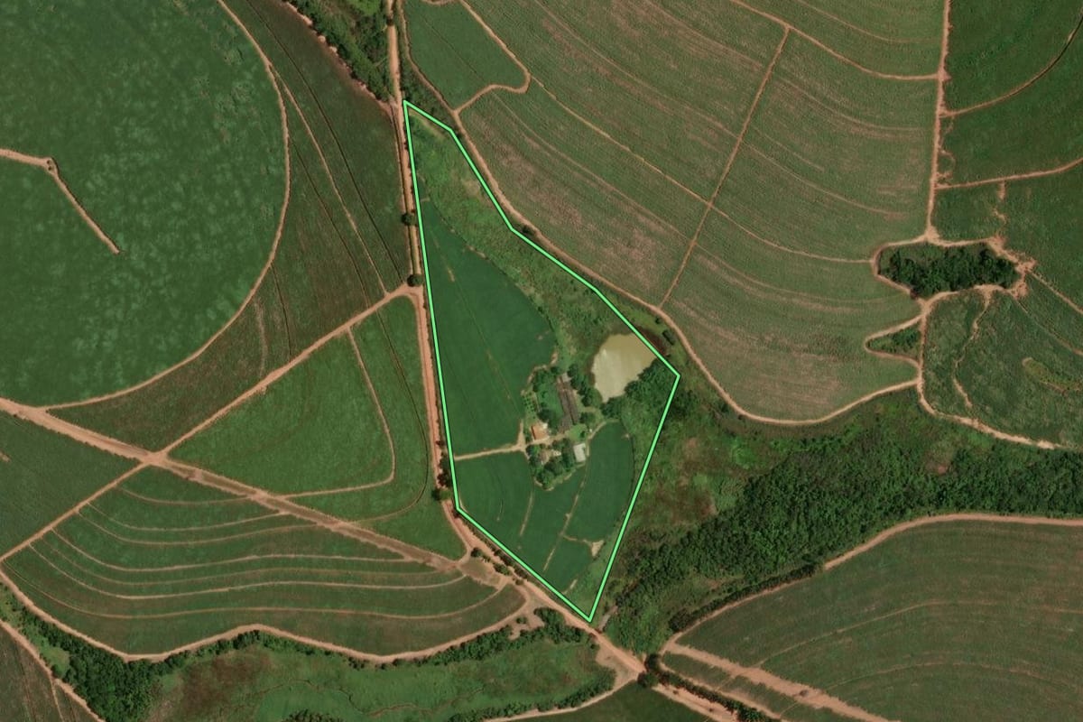 Imagem de satélite do imóvel rural em Monte Alto (SP), com o contorno declarado no CAR desenhado por cima.