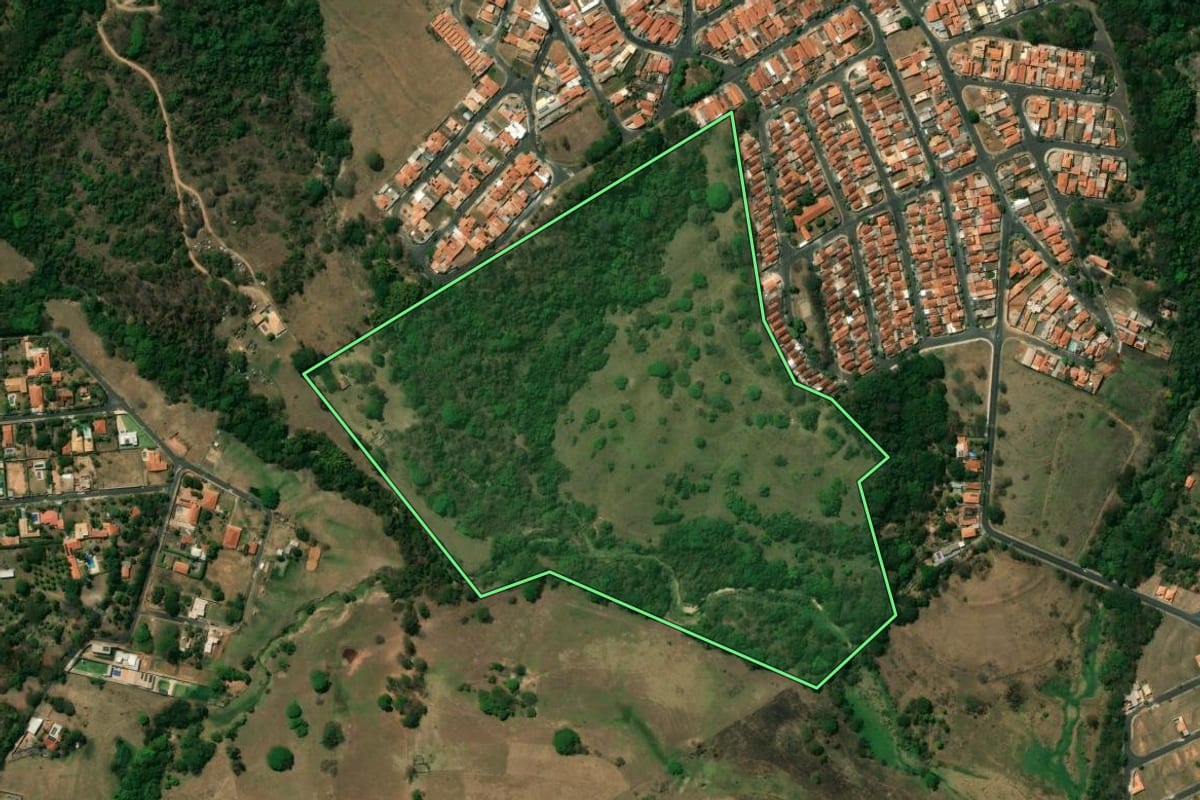 Imagem de satélite do imóvel rural em Monte Alto (SP), com o contorno declarado no CAR desenhado por cima.