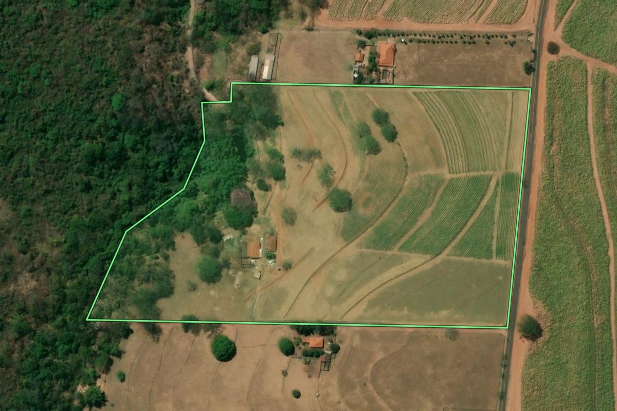 Imagem de satélite do imóvel rural em Monte Alto (SP), com o contorno declarado no CAR desenhado por cima.