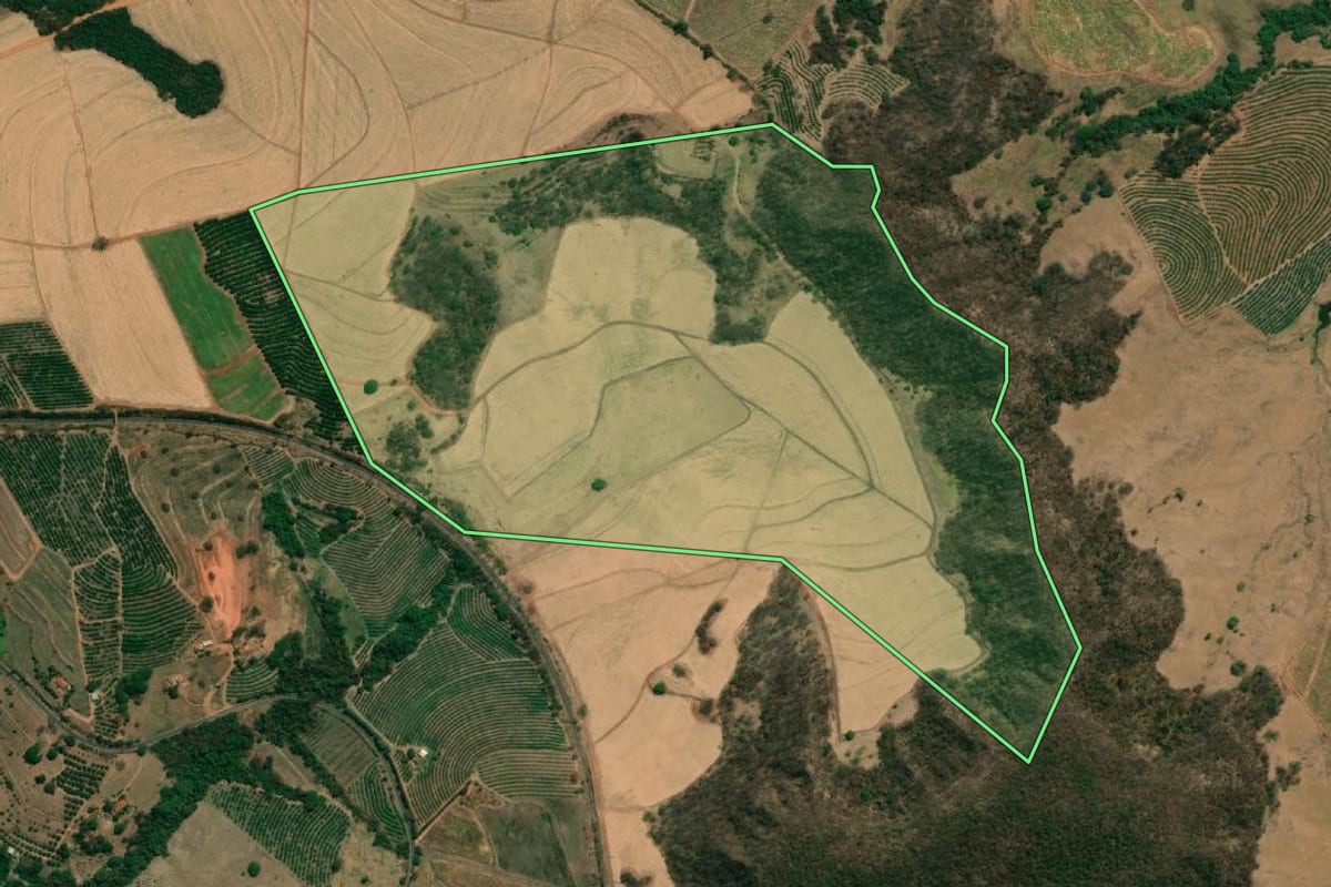 Imagem de satélite do imóvel rural em Cândido Rodrigues (SP), com o contorno declarado no CAR desenhado por cima.