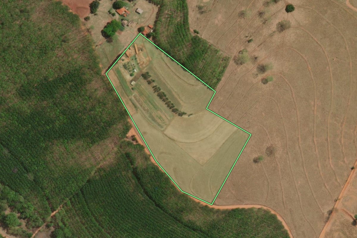 Imagem de satélite do imóvel rural em Monte Aprazível (SP), com o contorno declarado no CAR desenhado por cima.