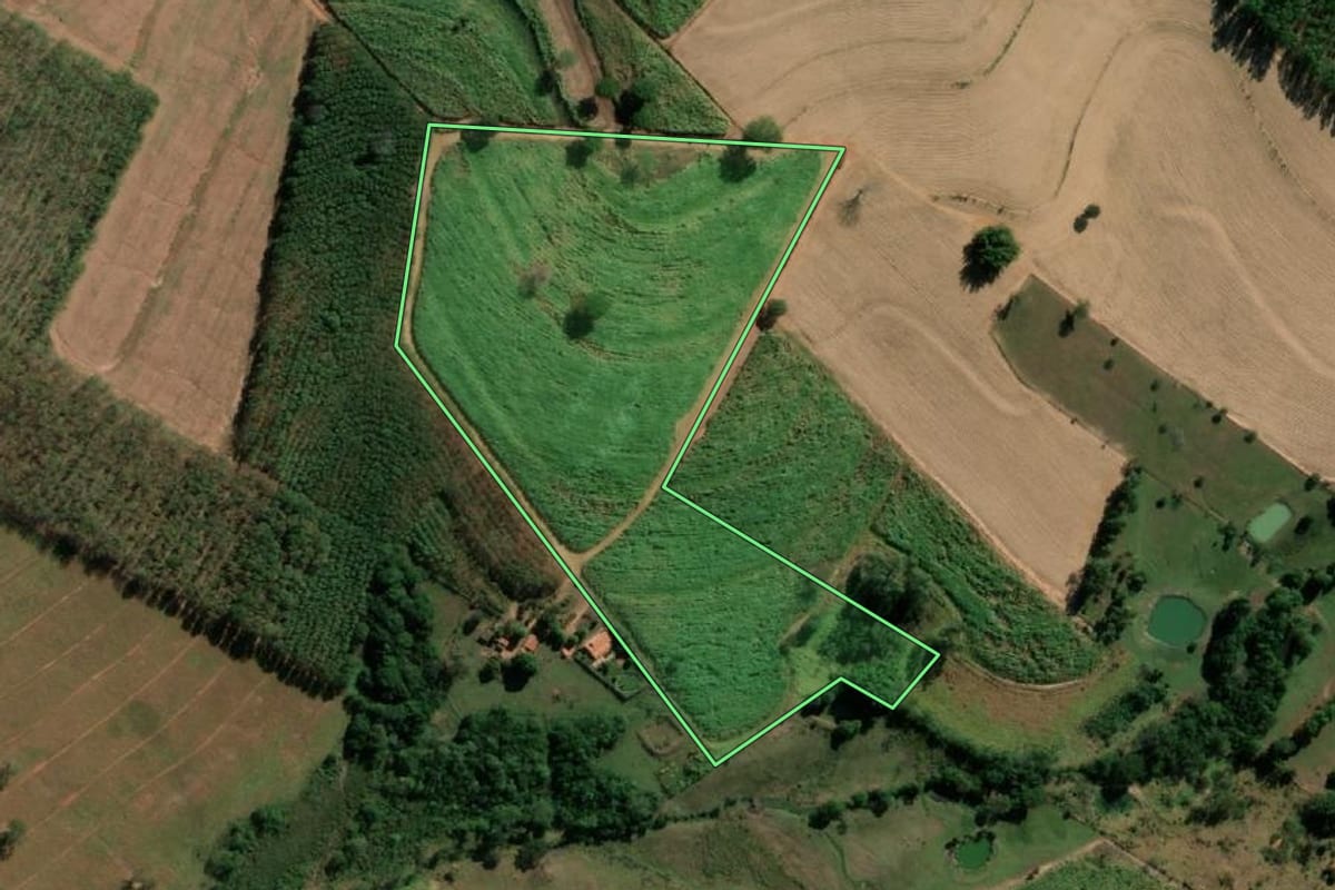 Imagem de satélite do imóvel rural em Monte Aprazível (SP), com o contorno declarado no CAR desenhado por cima.